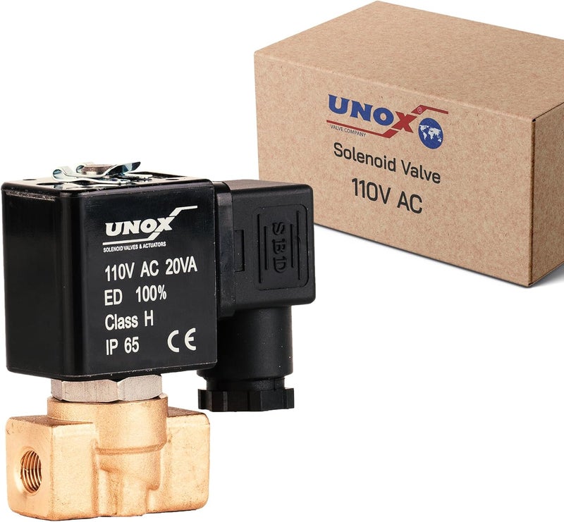 UNOX 1/8" NPT Solenoid Valve 110V AC, Brass Control Valve Normally Closed - 0-232 PSI Multi-Purpose Reliable Control Valve for Water, Air, and Gas - Solenoid Valves - Image 1